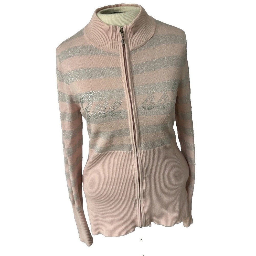 Guess Madelaine Logo Full Zip Sweater Women's Sz M Light Pink & Silver Strip VTG
